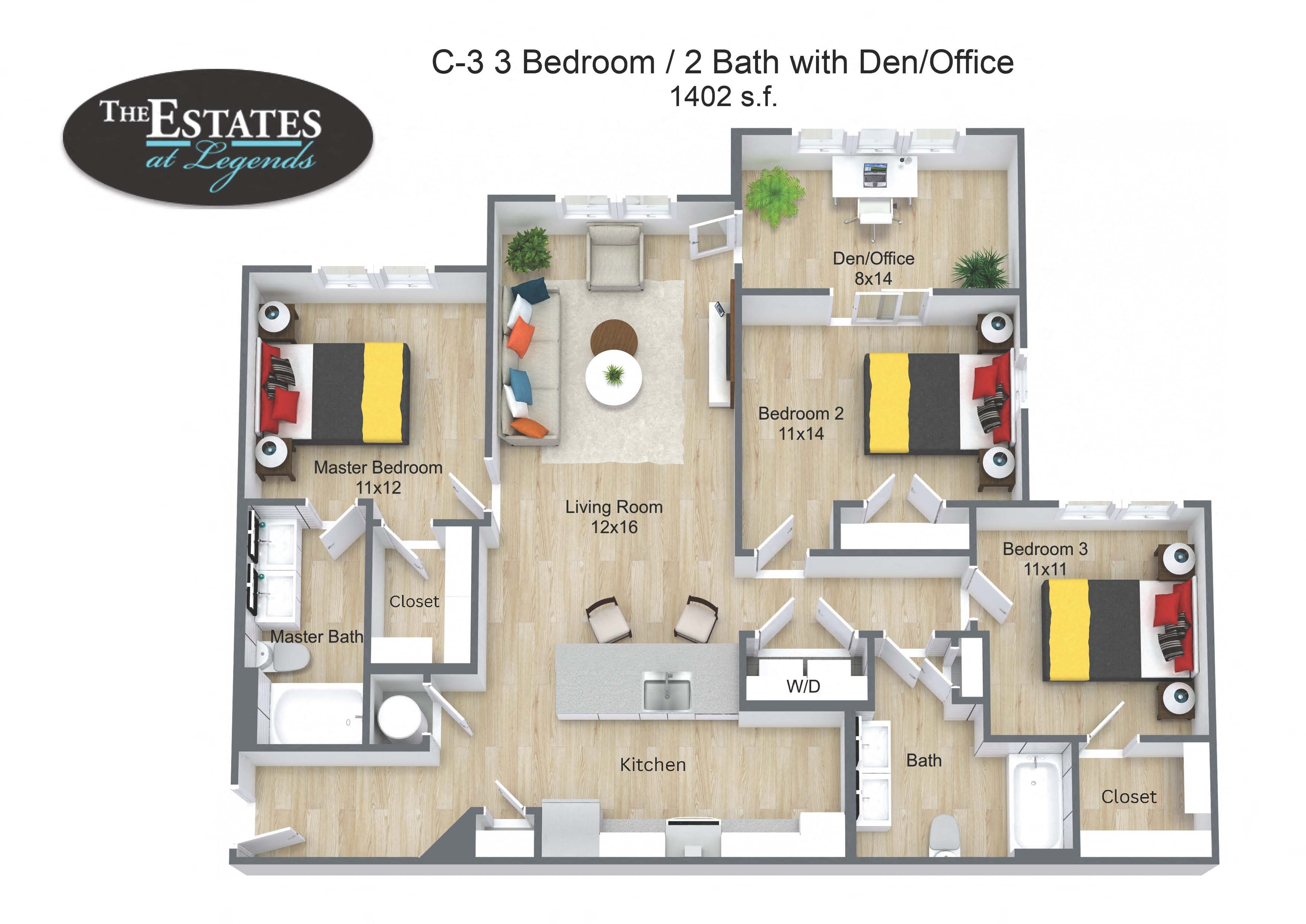 Floor plan for 3 beds, 2 baths, 1402 sqft